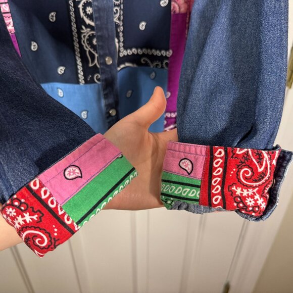 Lemongrass Western Denim Bandana Patchwork Shirt SZ Large - Picture 6 of 9